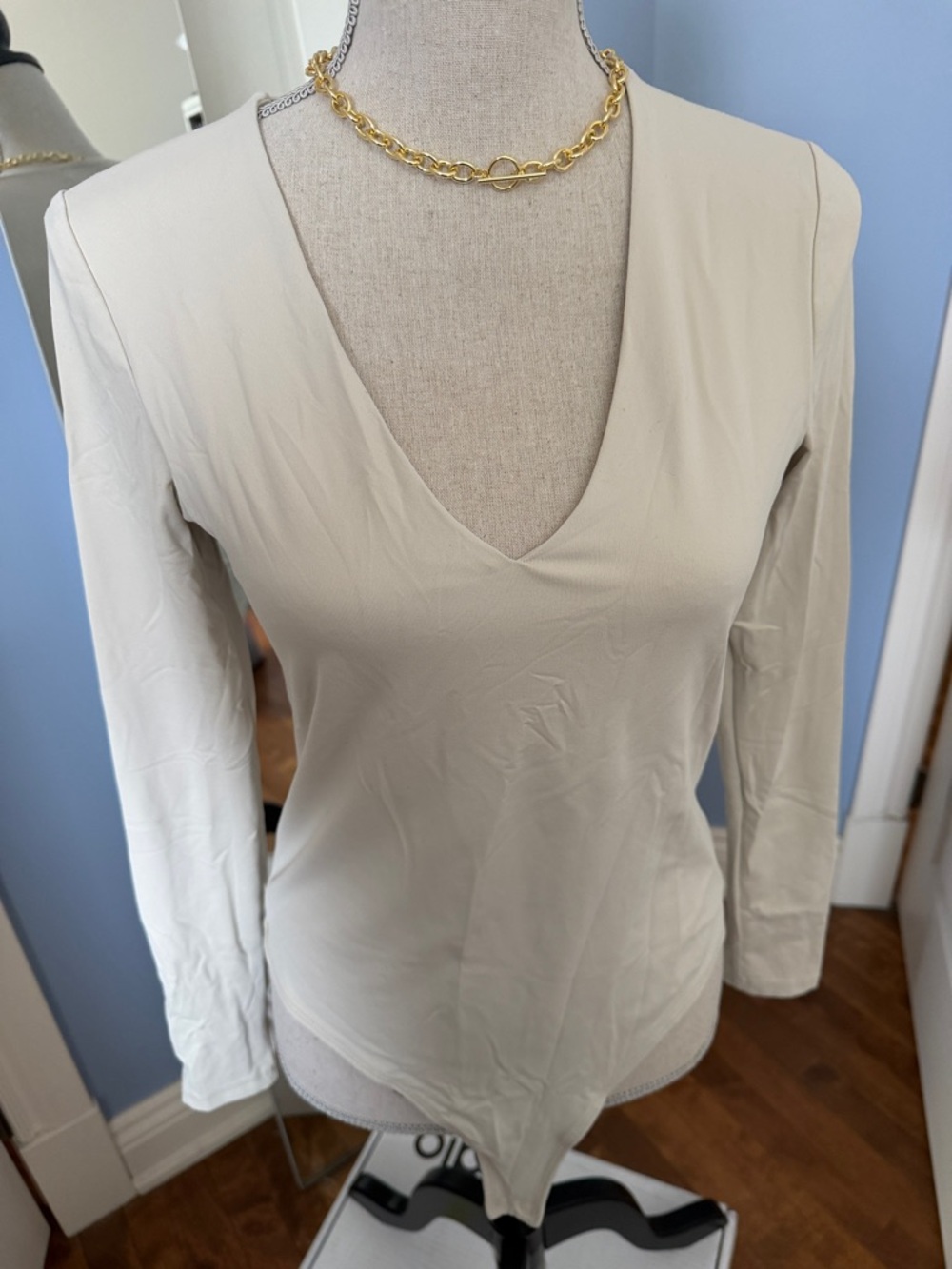 Long-Sleeve V-Neck Bodysuit in Light Cream